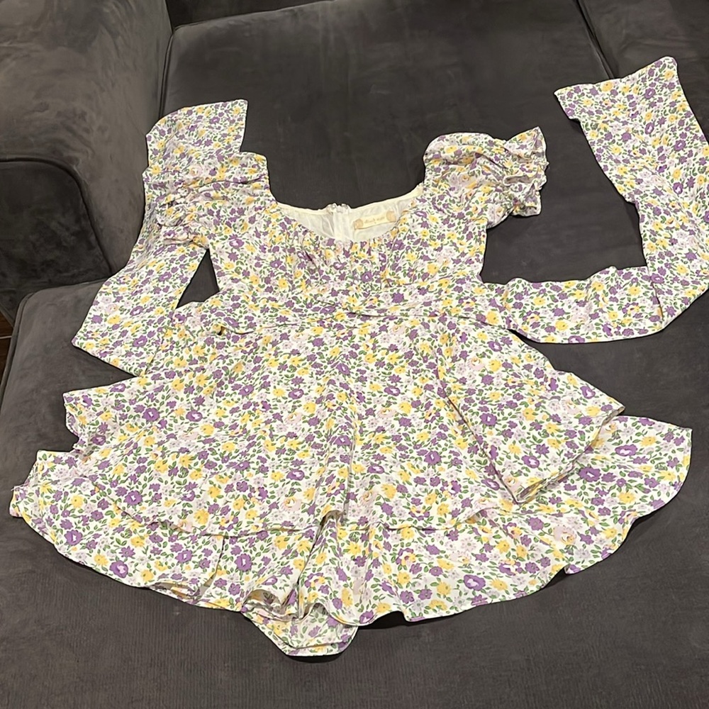 Altar’d State Purple Flowers Dress with built in shorts. Lined. Tie goes to back